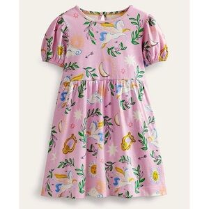 Mini Boden Girls Adorable Puff Sleeve Dress Winsome Pink Greek Toile Sz 5-6Y